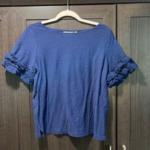 Women’s blue t-shirt with ruffle sleeves. Size L